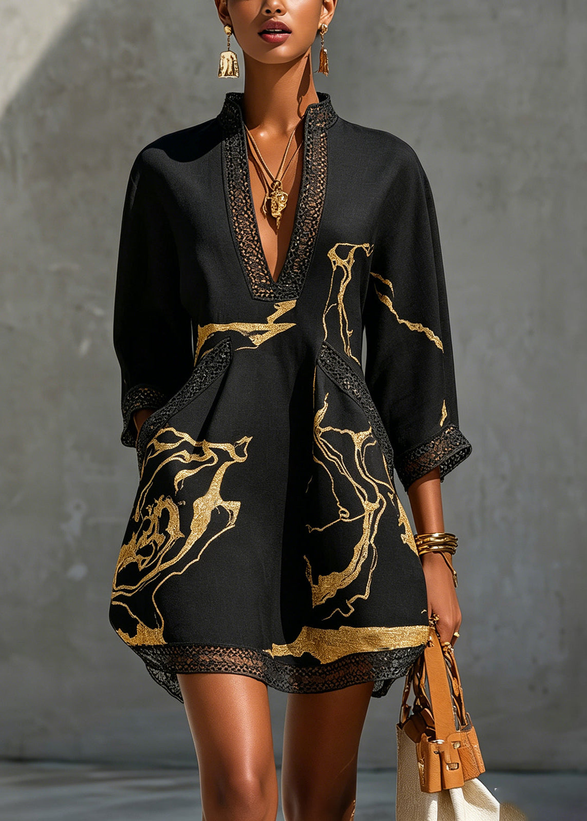 Arlinen | Printed V-Neck Mini Dress