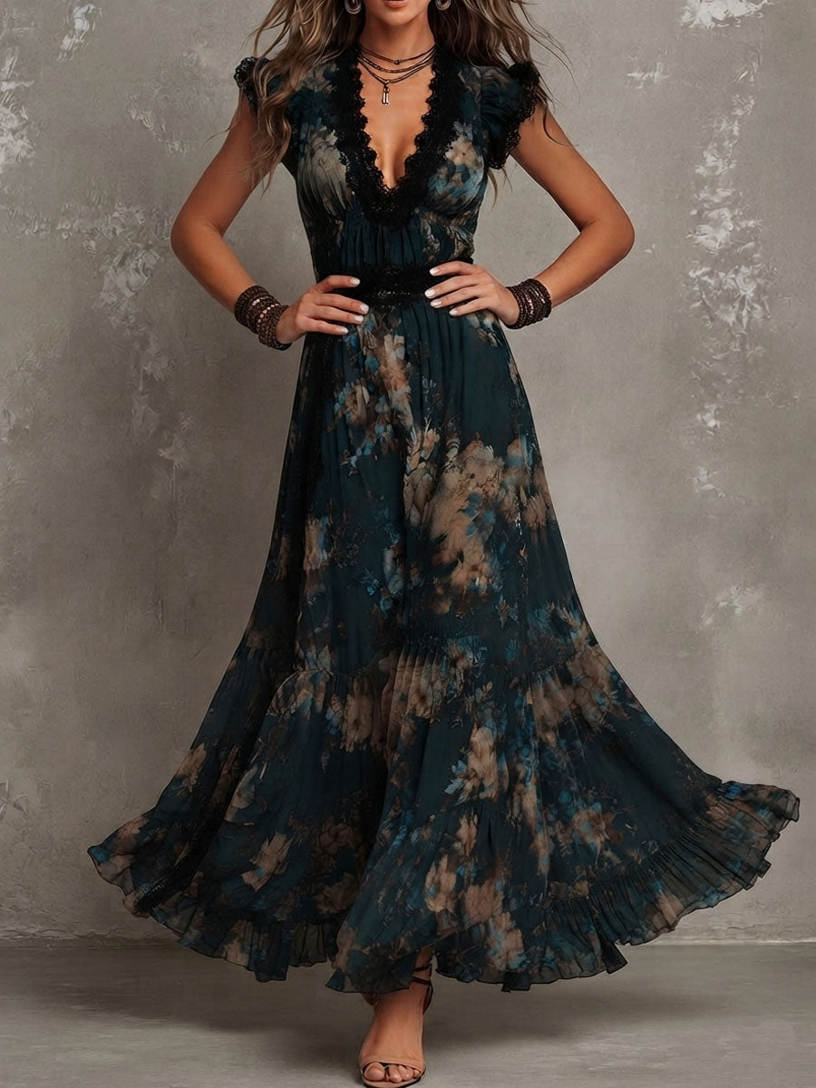 Alime | Maxi Dress Floral Lace Trim V Neck