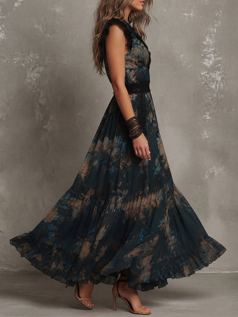 Alime | Maxi Dress Floral Lace Trim V Neck
