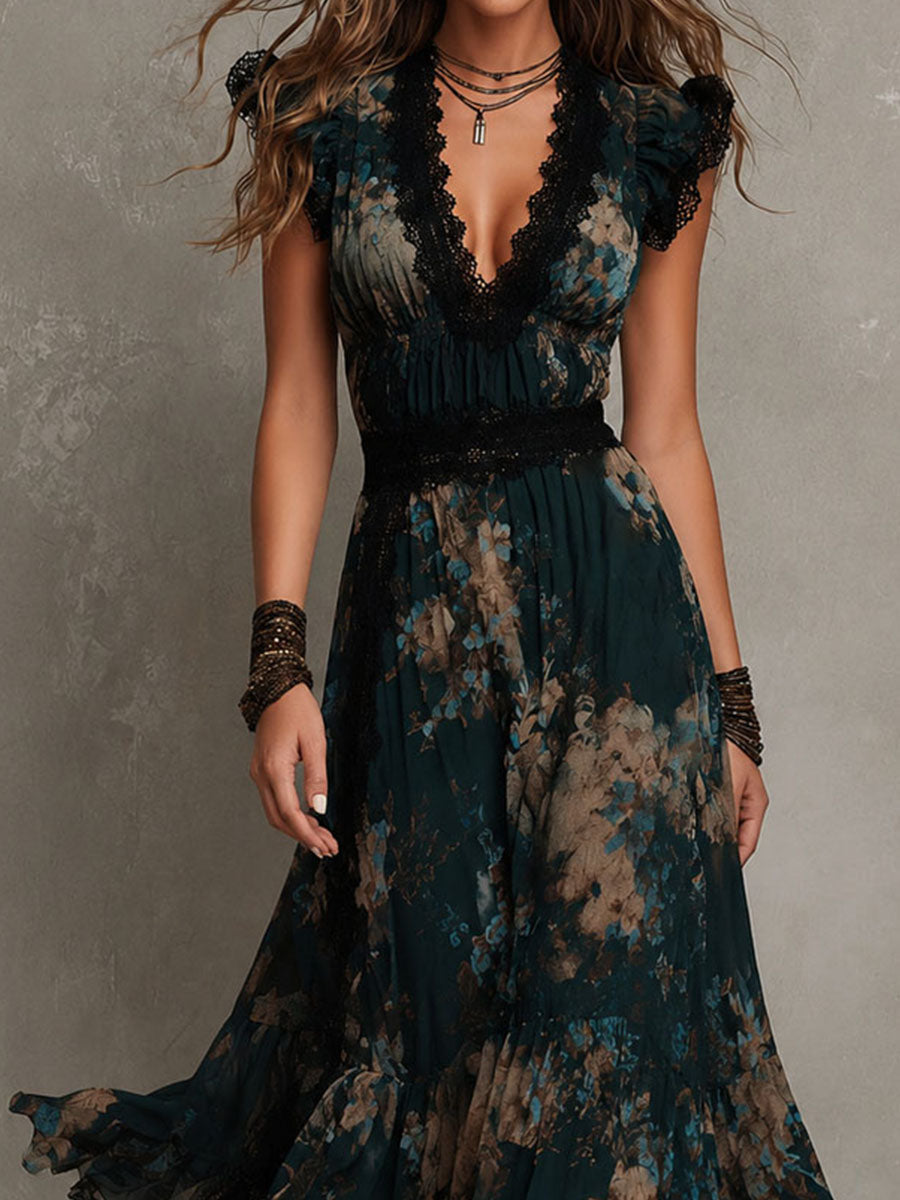 Alime | Maxi Dress Floral Lace Trim V Neck