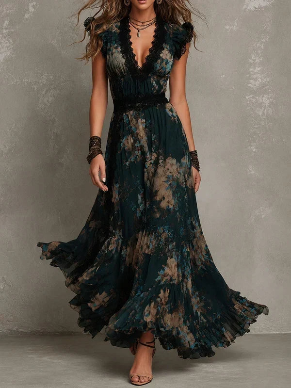 Alime | Maxi Dress Floral Lace Trim V Neck