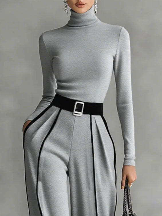 Karyssa - Wide Leg Belted Turtle Neck Set