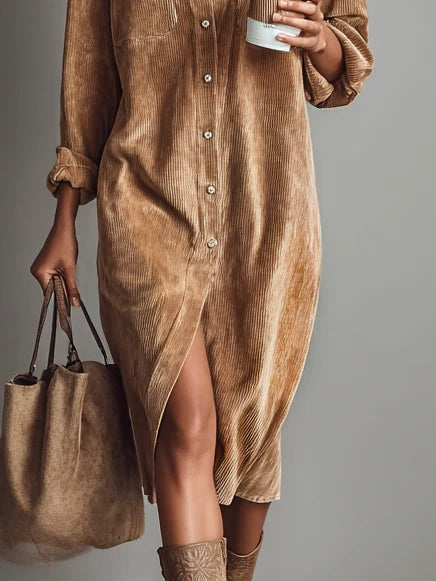 Zilke - Button Front Corduroy Shirt Dress