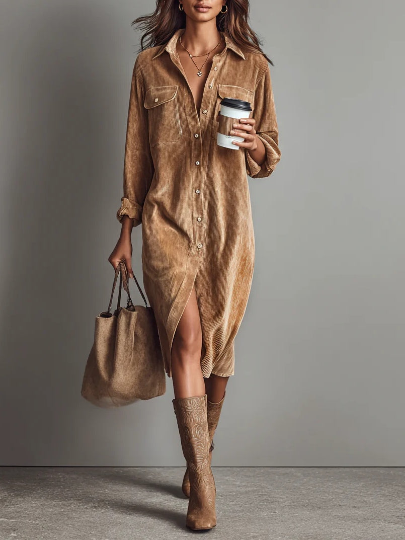 Zilke - Button Front Corduroy Shirt Dress