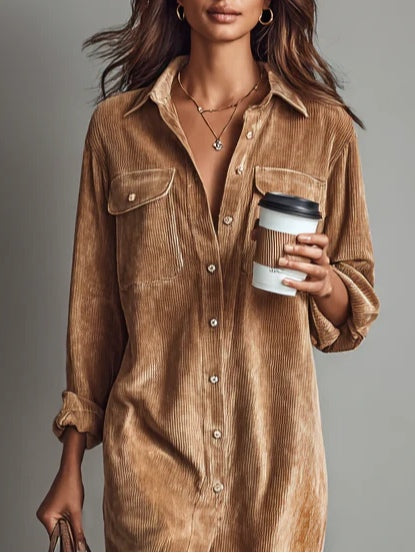 Zilke - Button Front Corduroy Shirt Dress