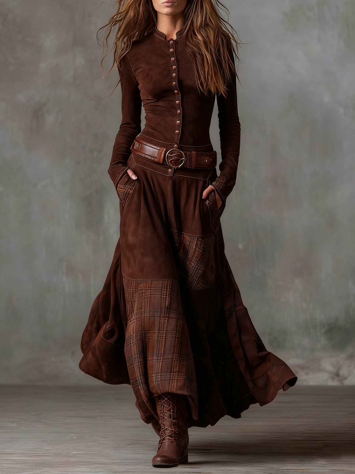 Eleza - Checked Maxi Dress With Belt