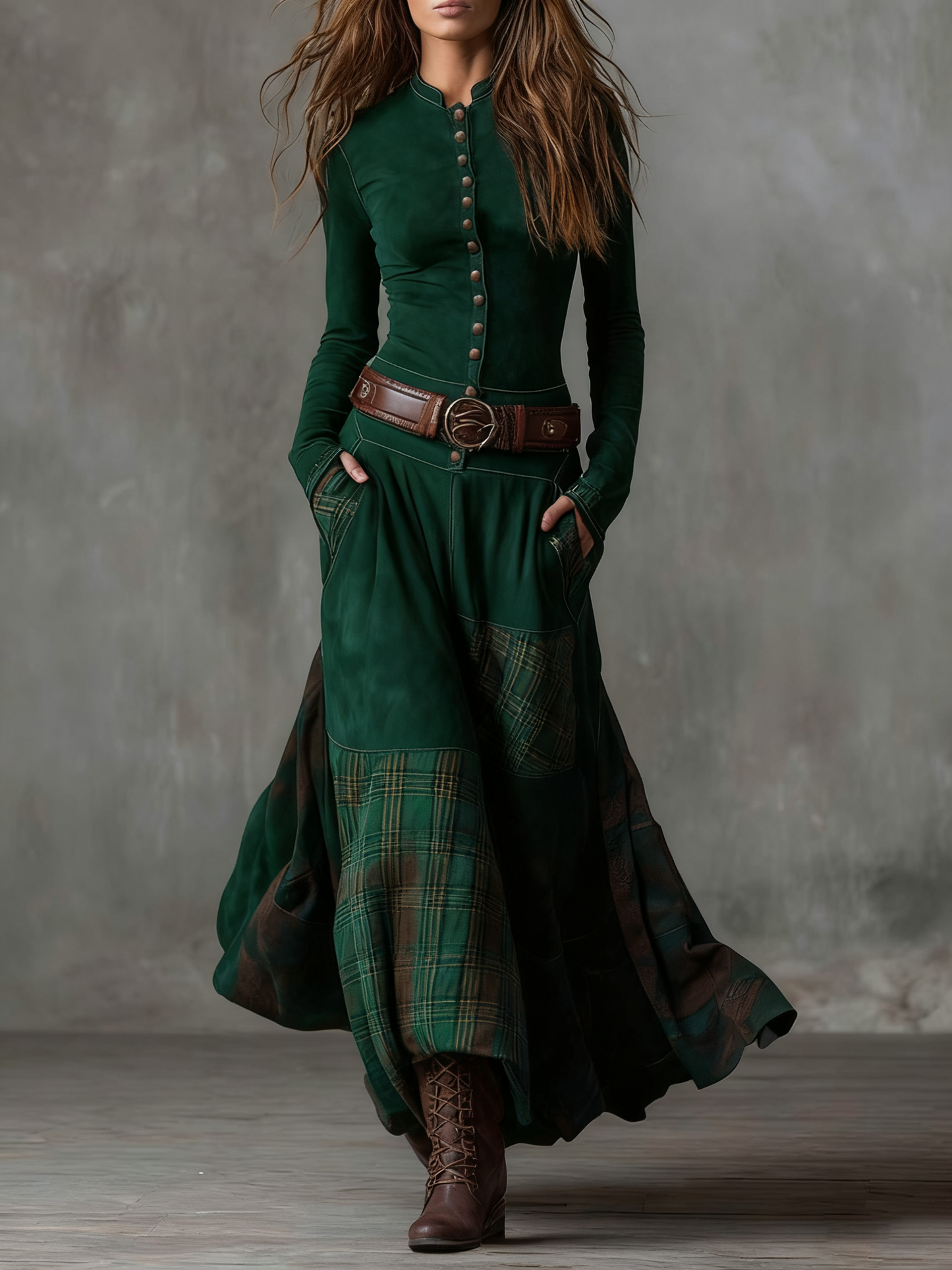Eleza - Checked Maxi Dress With Belt