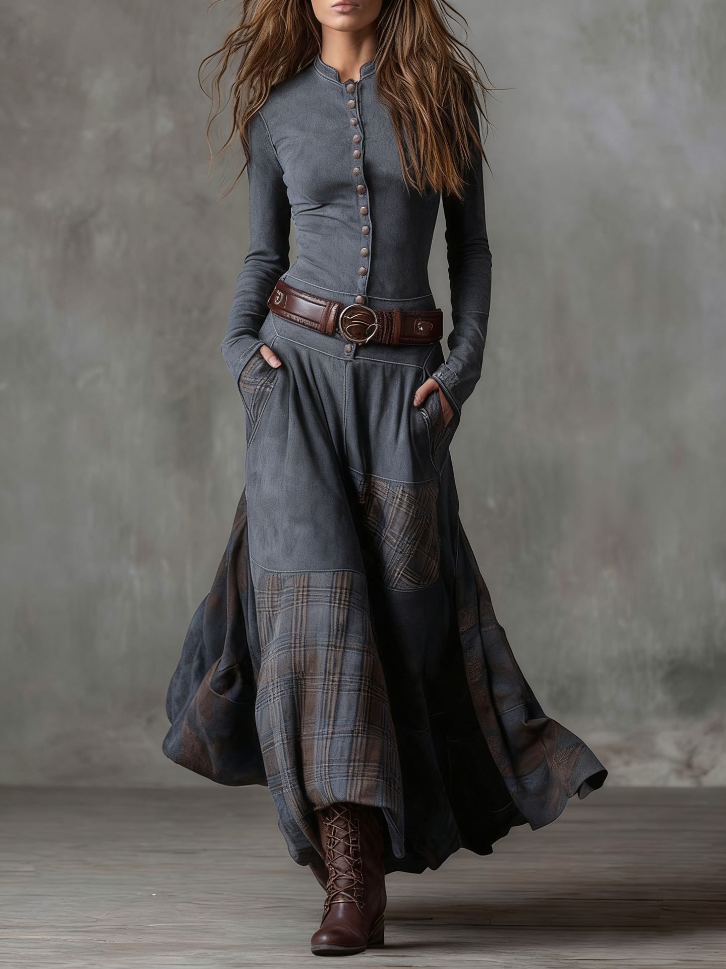 Eleza - Checked Maxi Dress With Belt