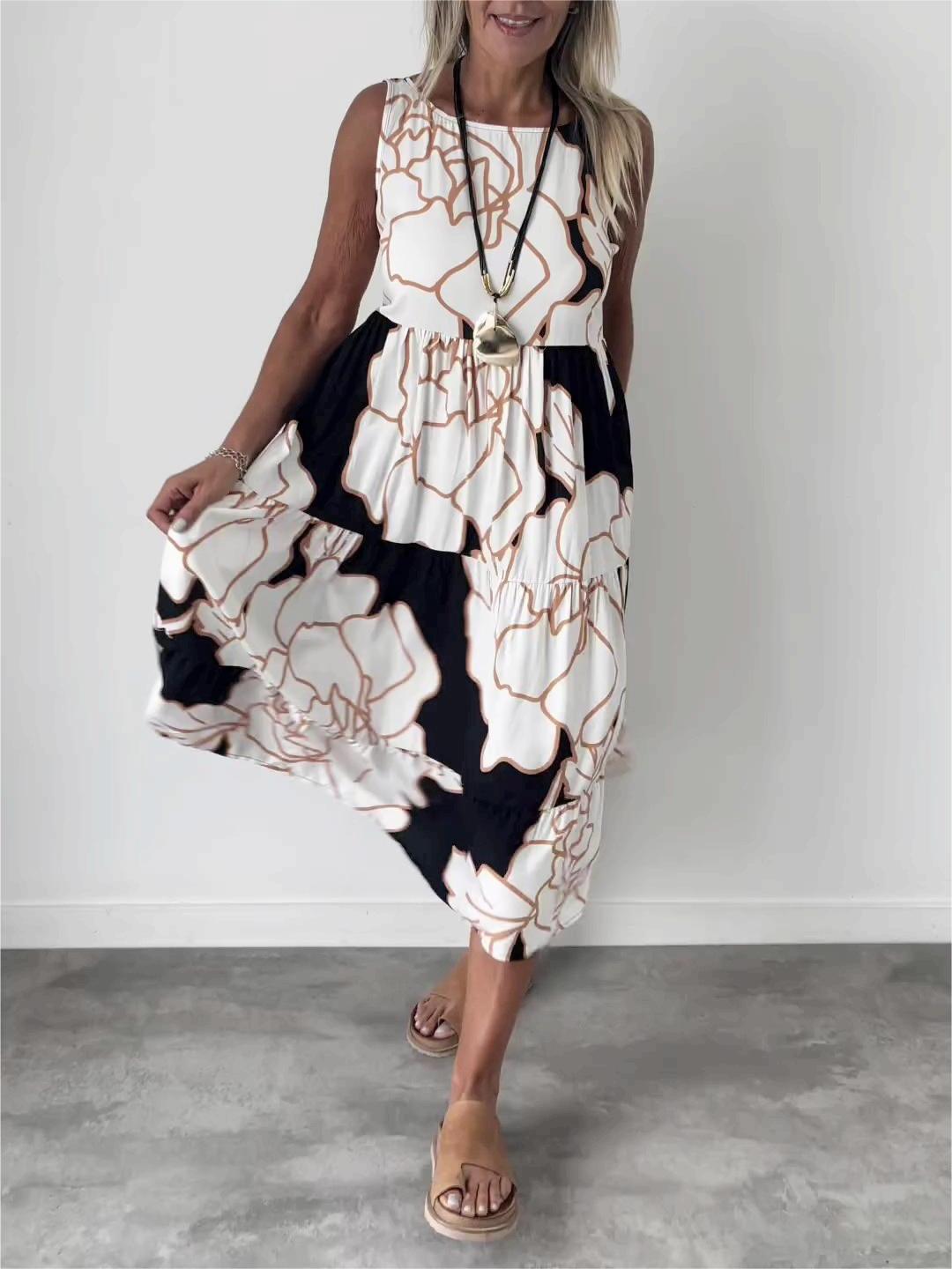 Hertha | Floral Print Sleeveless Tiered Midi Dress