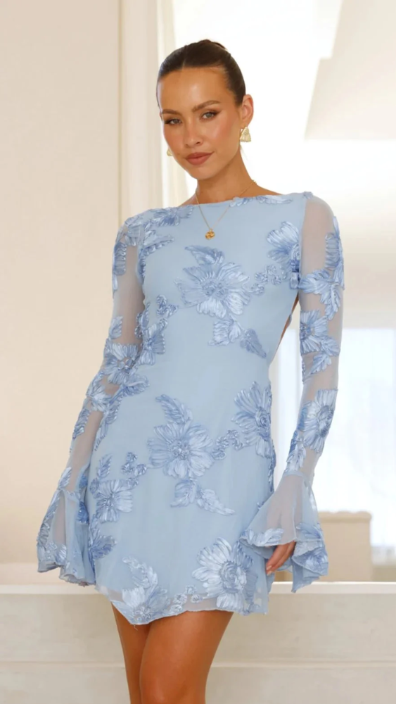 Keelly | Mini Dress Sheer Floral Long Sleeve
