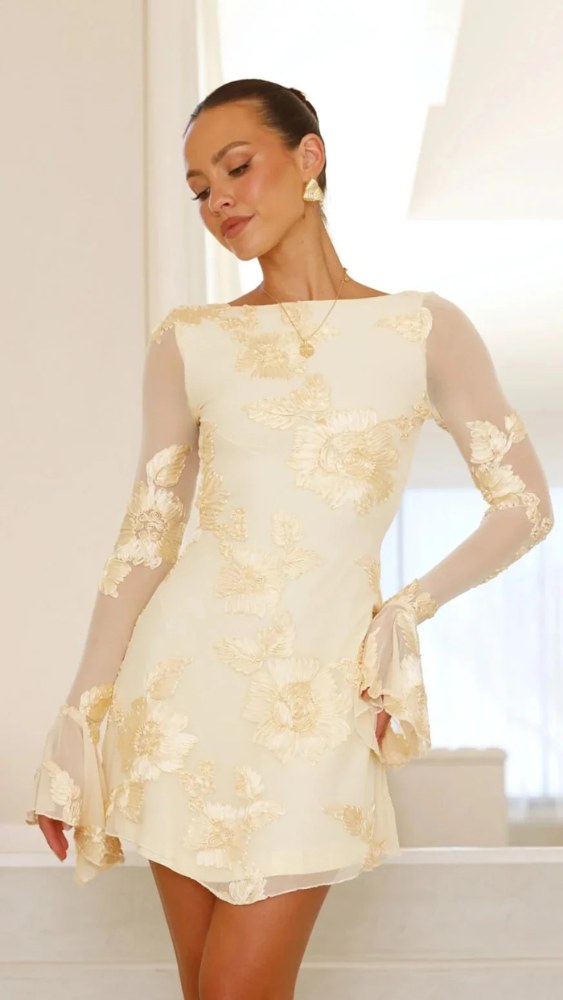 Keelly | Mini Dress Sheer Floral Long Sleeve