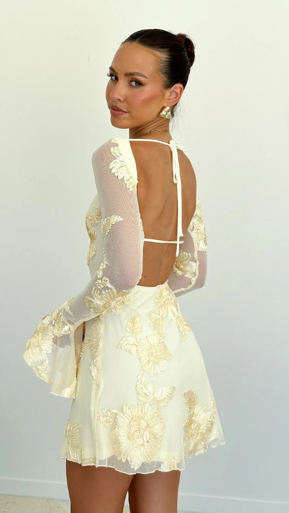 Keelly | Mini Dress Sheer Floral Long Sleeve