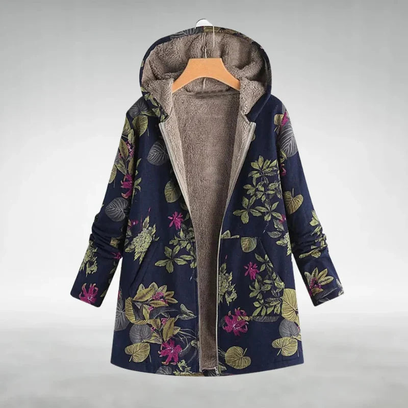 Panida | Hooded Floral Fleece-Lined Long Jacket