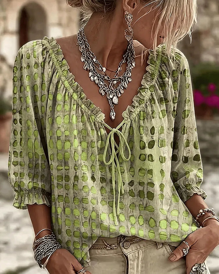 Orlyna | Polka Dot Lace Up V Neck Blouse