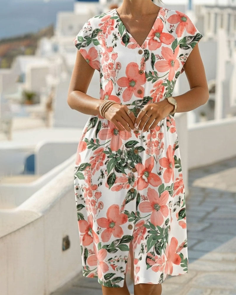Sinera - Floral Print V Neck Midi Dress