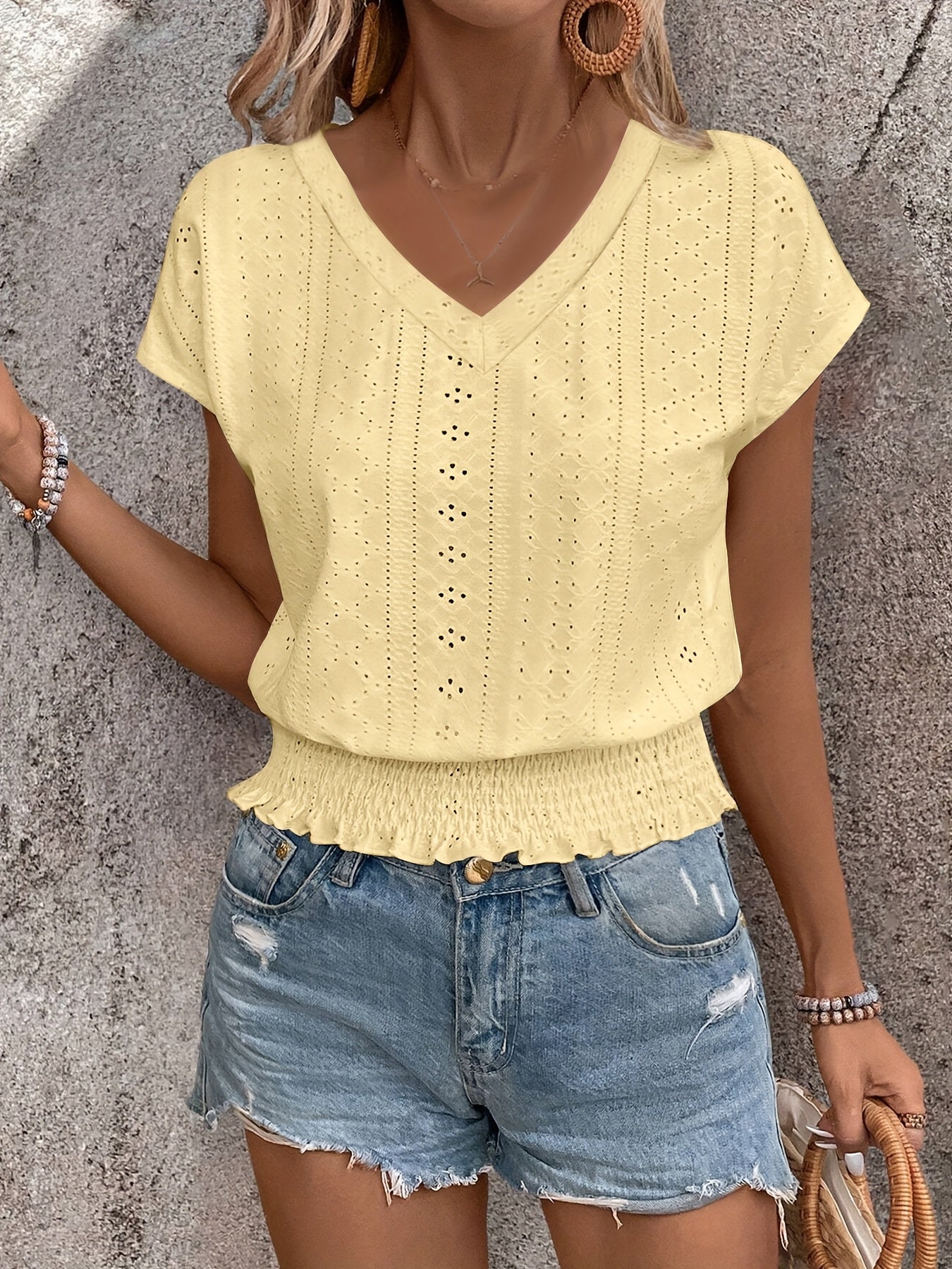 Delores - Batwing Sleeve V Neck Smocked Blouse