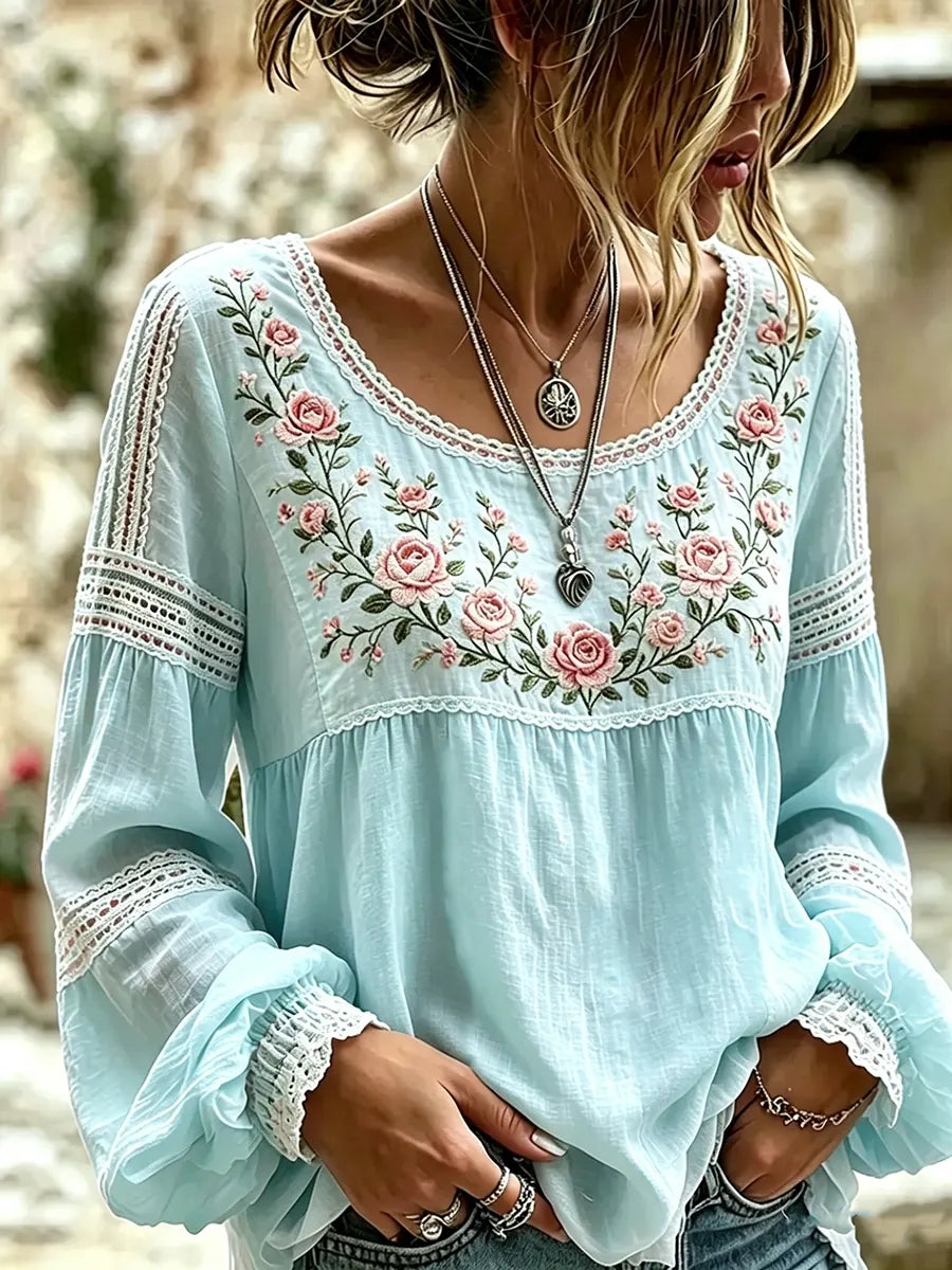 Esraa | Floral Embroidered Lace Trim Blouse