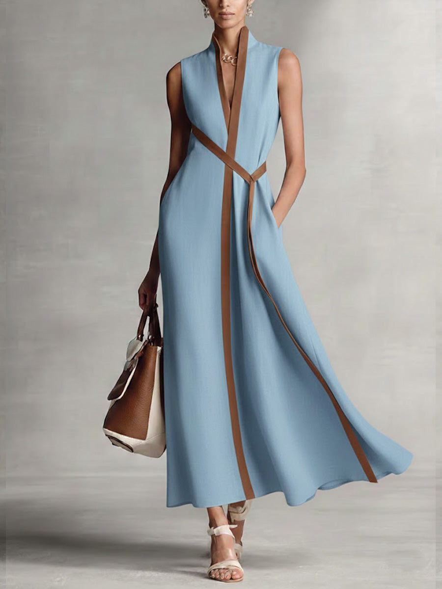 Hirusha | Sleeveless Linen Style Belted Maxi Dress
