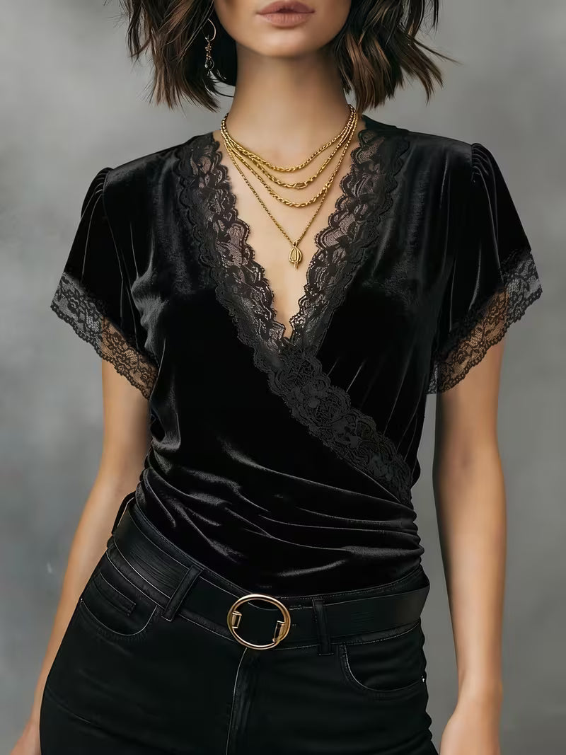 Jalisa | Velvet Lace Trim Wrap Neck Top