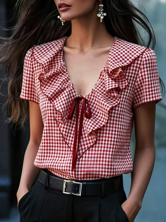 Aliyia | Ruffle Trim Gingham Tie Neck Blouse