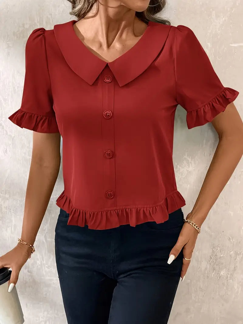 Foteini - Short Sleeve Ruffle Hem Button Blouse
