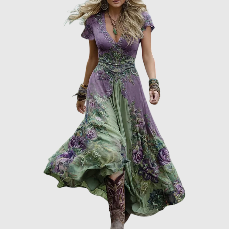 Vihangi | Boho Floral V-Neck Maxi Dress