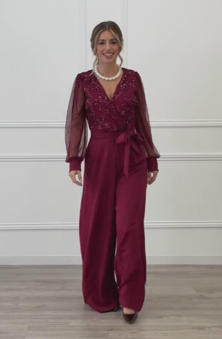 Meira - Mesh Sleeve Embellished Wide Leg Jumpsuit