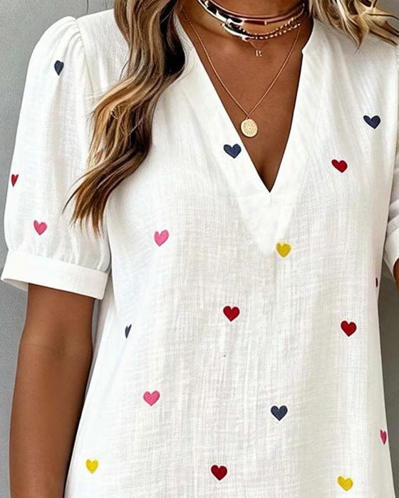 Steinunn - Colorful Dress With Heart Print And V-Neck