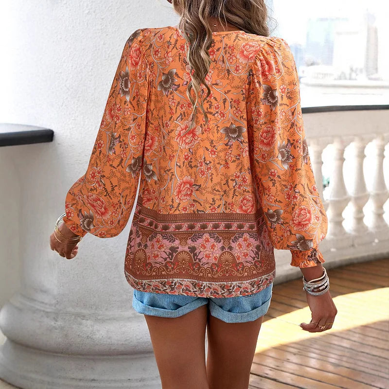 Sallie - Printed Tie Neck Long Sleeve Blouse