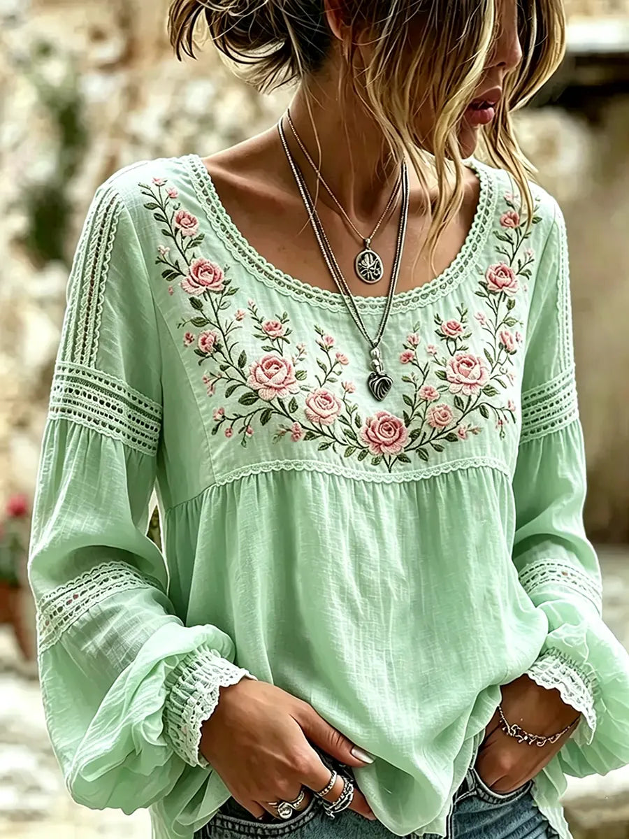 Esraa | Floral Embroidered Lace Trim Blouse