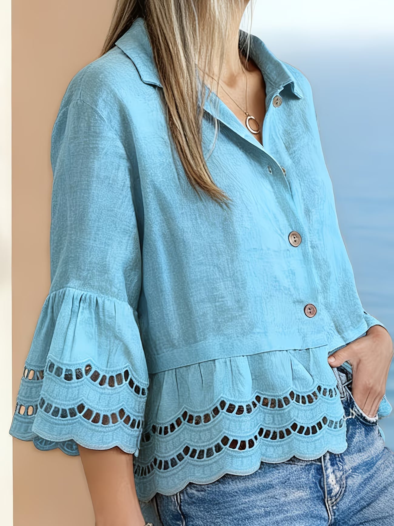 Solenn | Long Sleeve Lace Trim Button Blouse