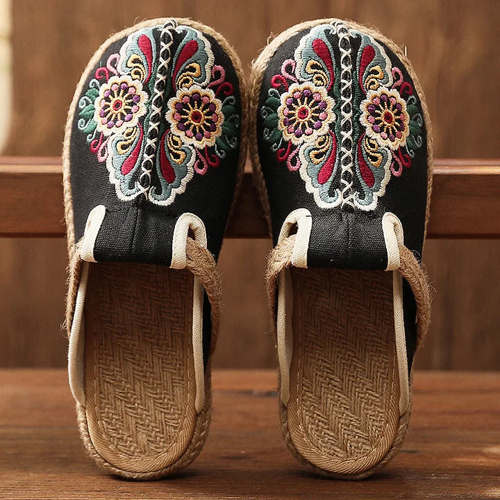 Katy | Floral Embroidered Cotton Mule Sandals