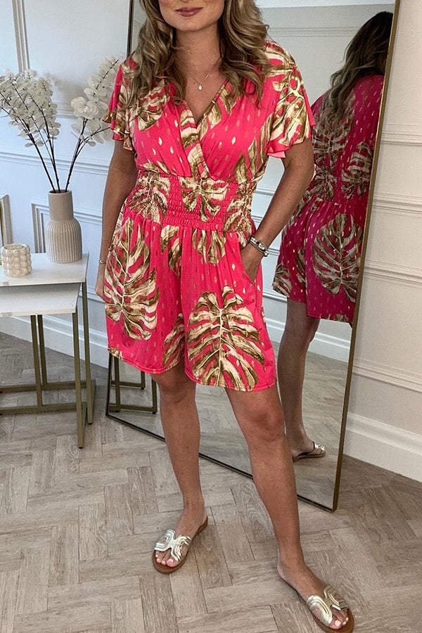 Kajal | Tropical Print Smocked Waist Mini Dress