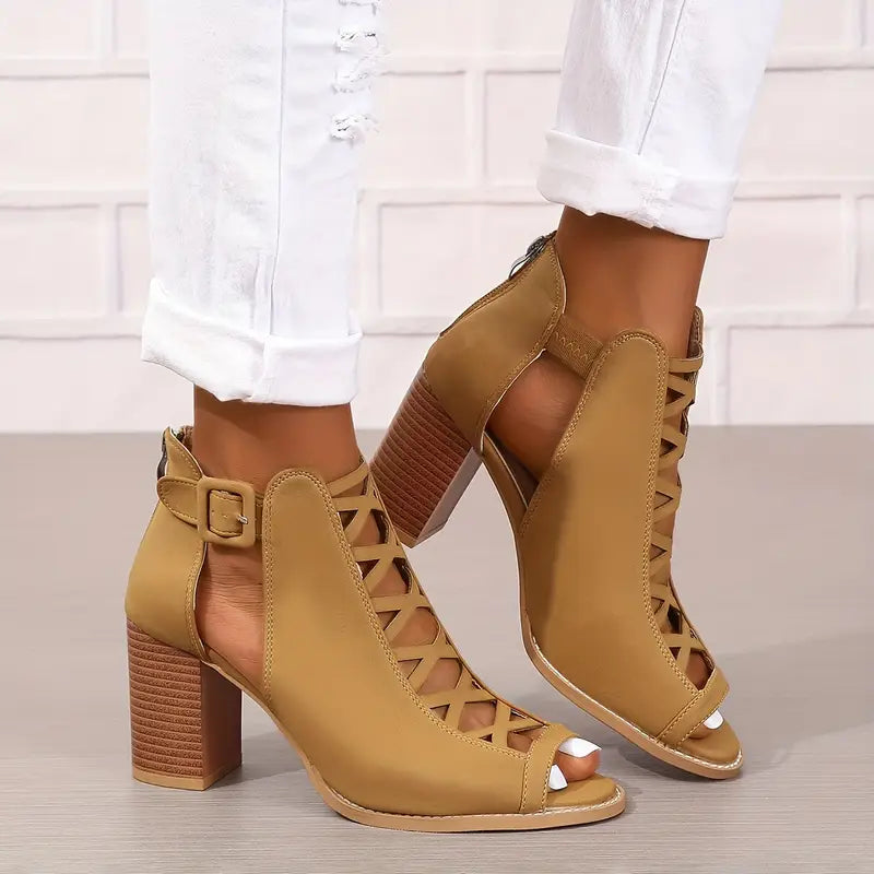 Ruzilya | Chunky Heel Peep Toe Lace-Up Sandals