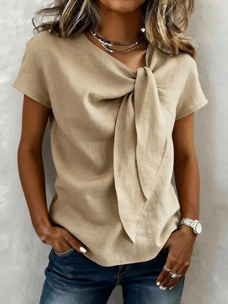 Jovea | Draped Tie-Neck Short Sleeve Top