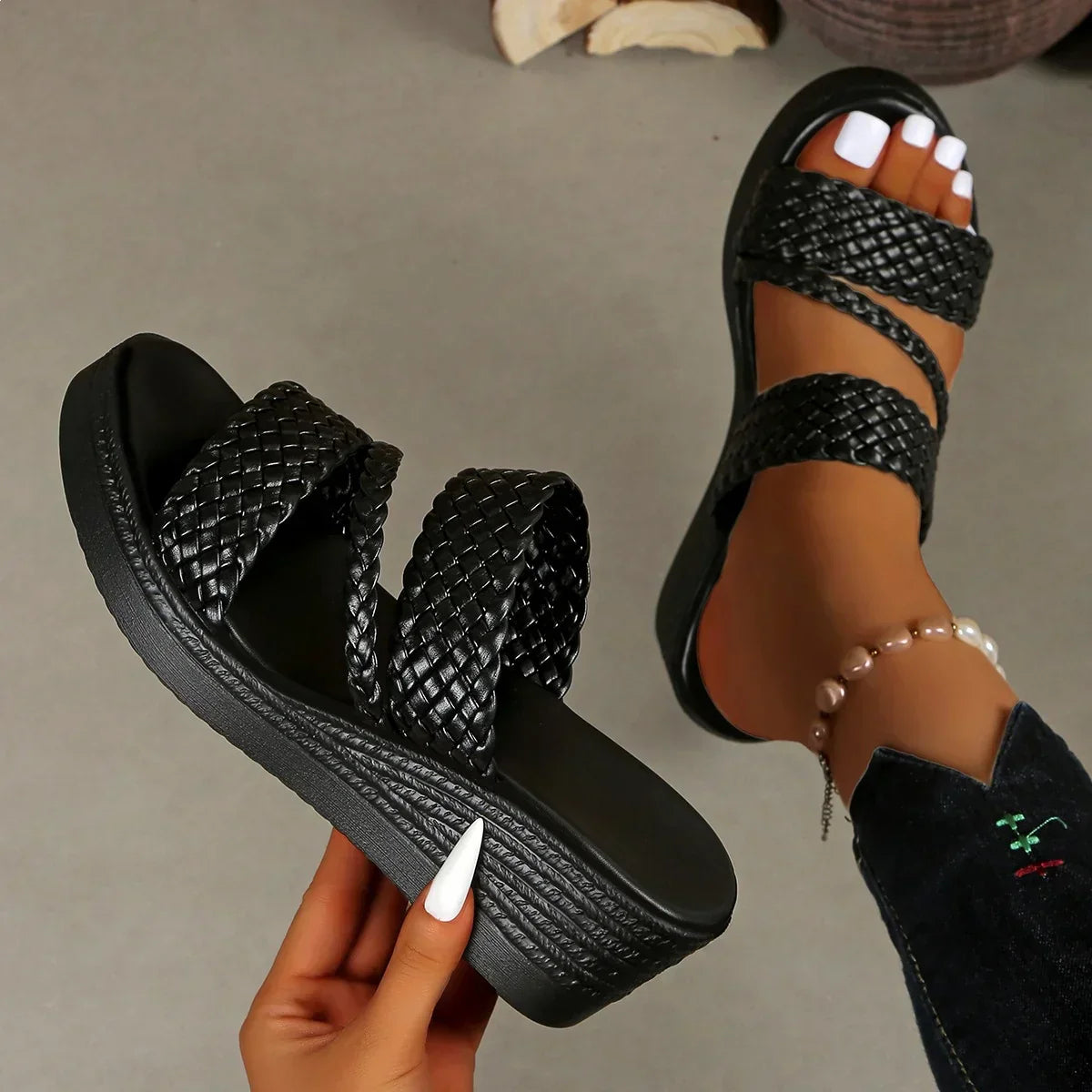 Kalwina - Wedge Braided Strap Sandals