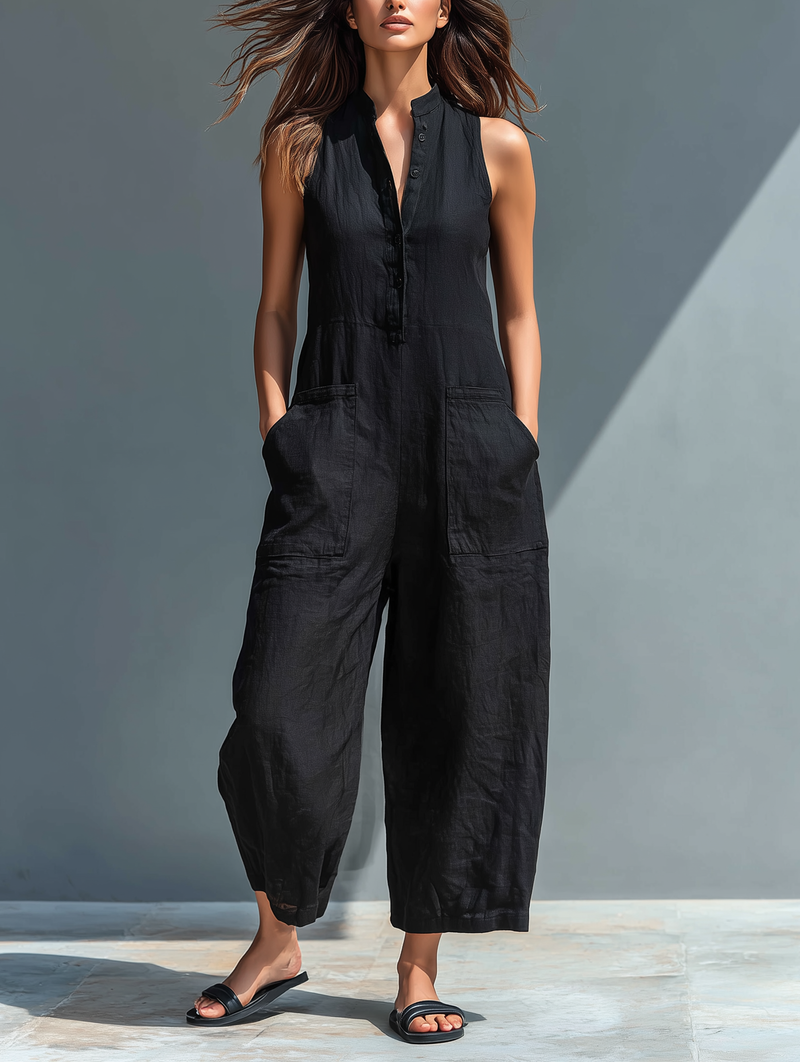 Darja | Sleeveless Wide Leg Button Jumpsuit