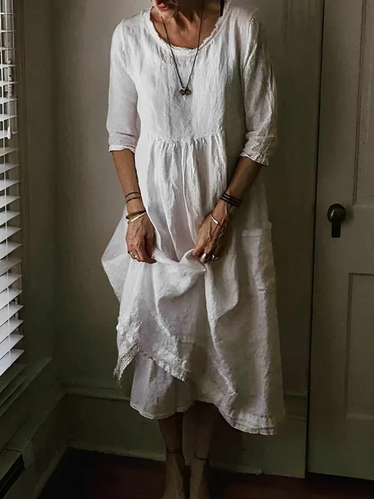 Tasoula | Round Neck Midi Linen-Style Dress