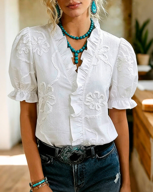 Lillynn | V Neck Floral Textured Puff Sleeve Blouse