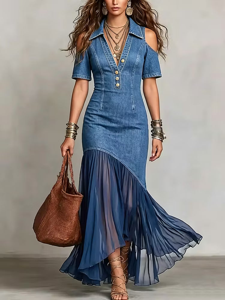 Presley | Denim Style Cold Shoulder Maxi Dress