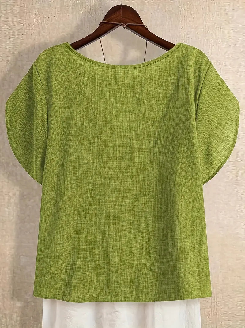 Milany | Linen Asymmetric Button Short Sleeve Blouse