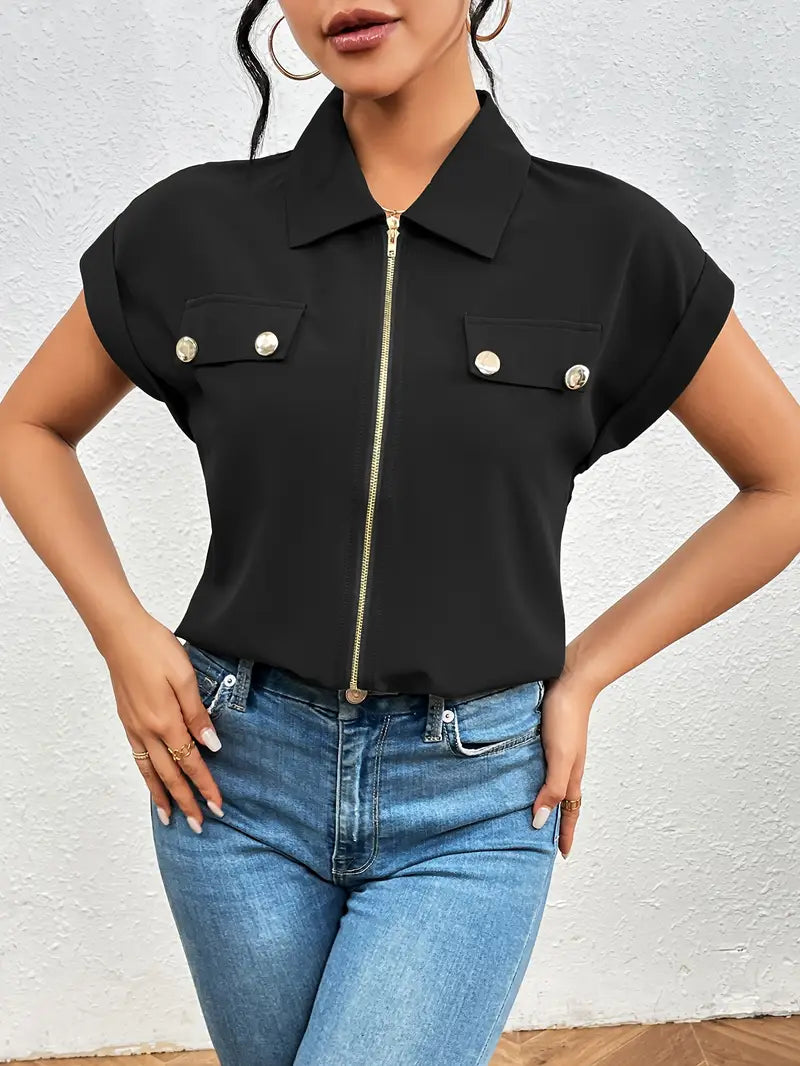 Alfano | Zip Front Collared Short Sleeve Blouse
