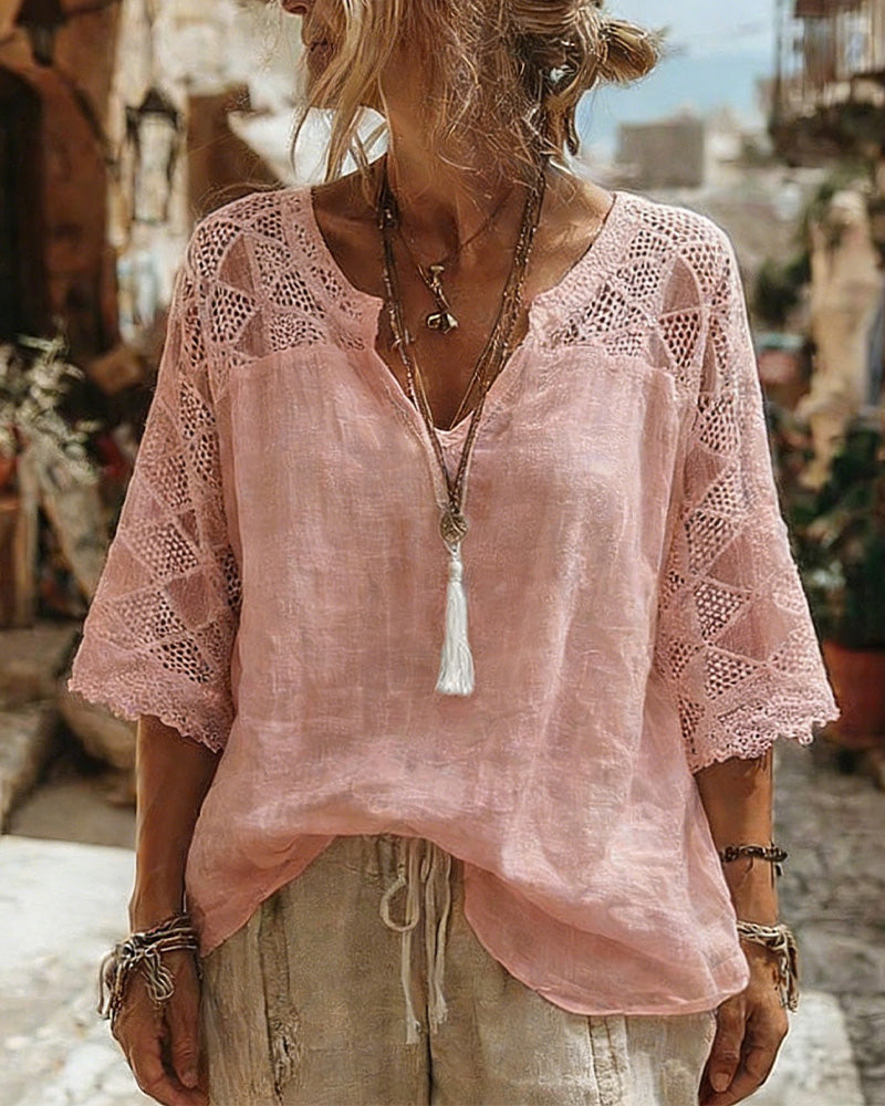 Essien - Lace Sleeve Loose Fit V Neck Blouse
