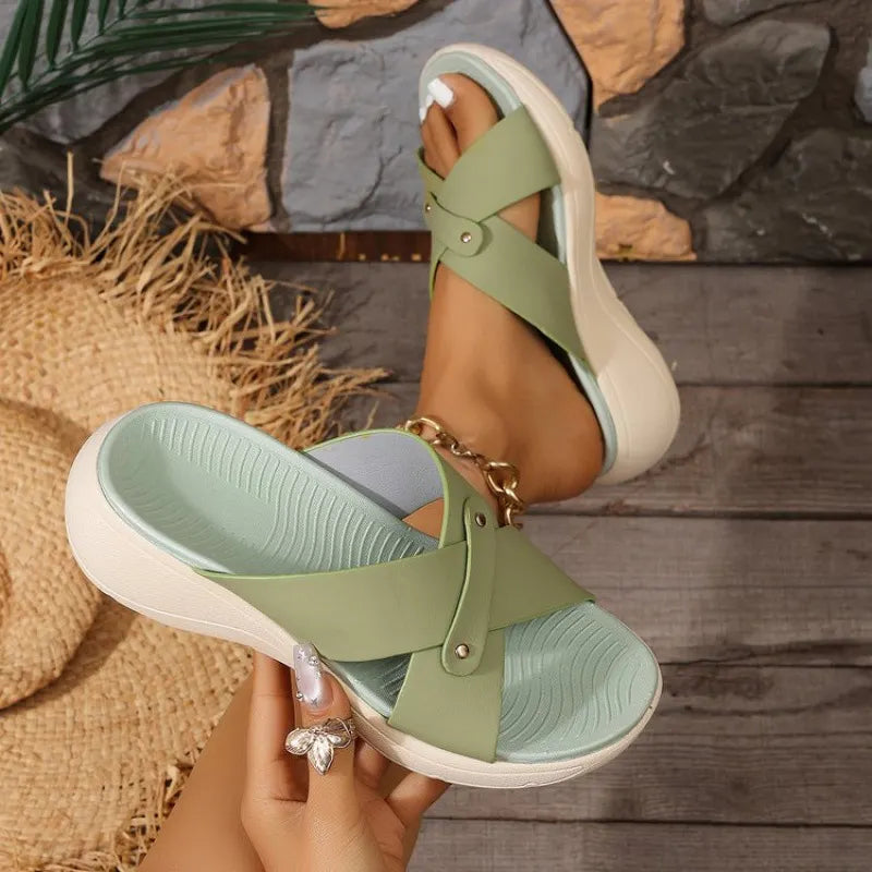 Quessia | Open Toe Crossover Wedge Slide Sandals