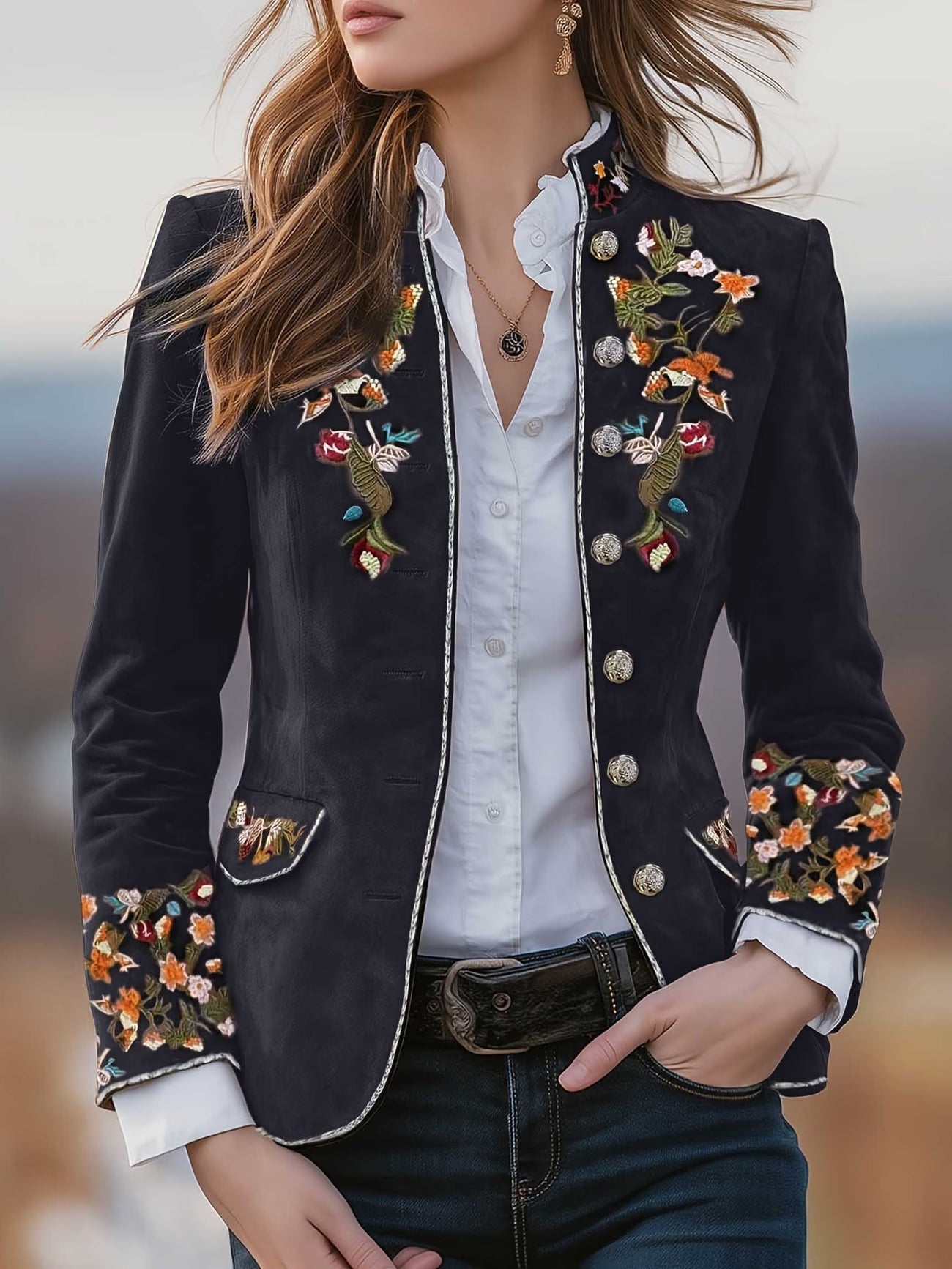 Anisaa | Embroidered Long Sleeve Stand Collar Jacket
