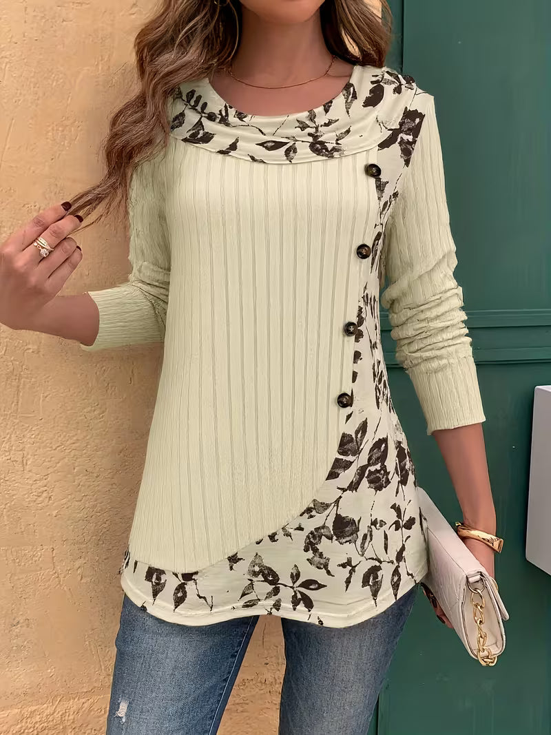 Florilitha | Ribbed Long Sleeve Printed Top