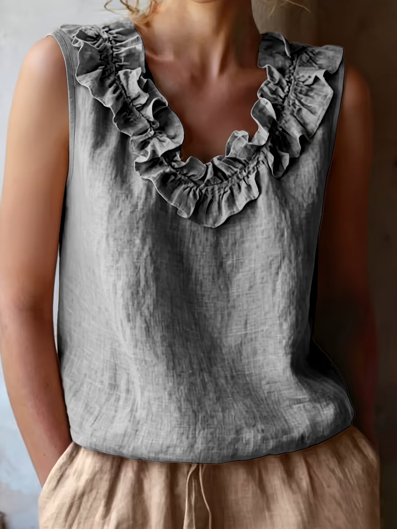Safiya | Sleeveless Ruffle Neck Relaxed Blouse