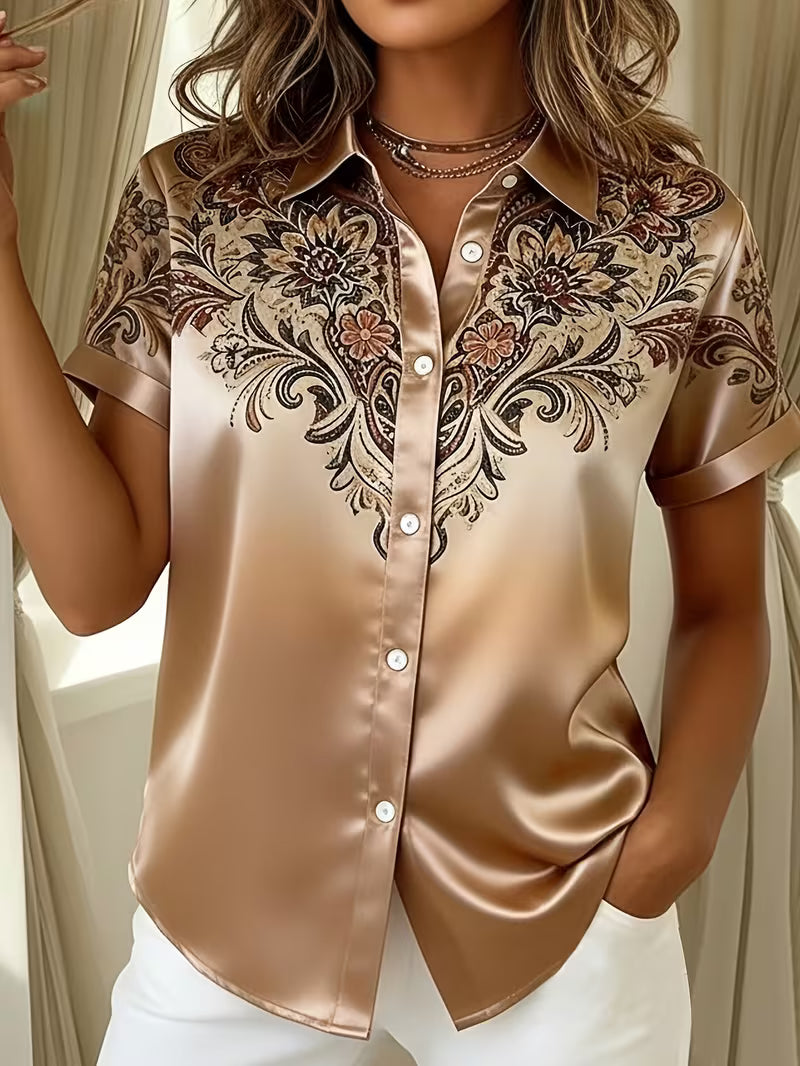 Zirmela | Floral Print Short Sleeve Button Up Blouse