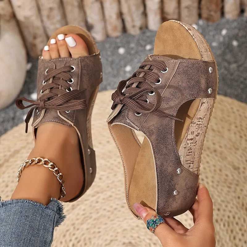 Nadiu | Wedge Sandals Open Toe Lace Up