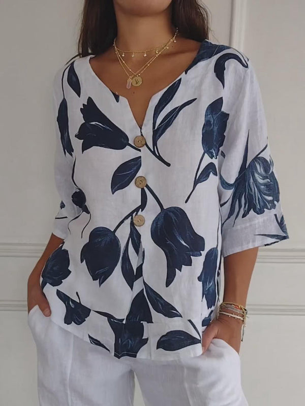 Despoina | Floral Linen V-Neck Button Blouse